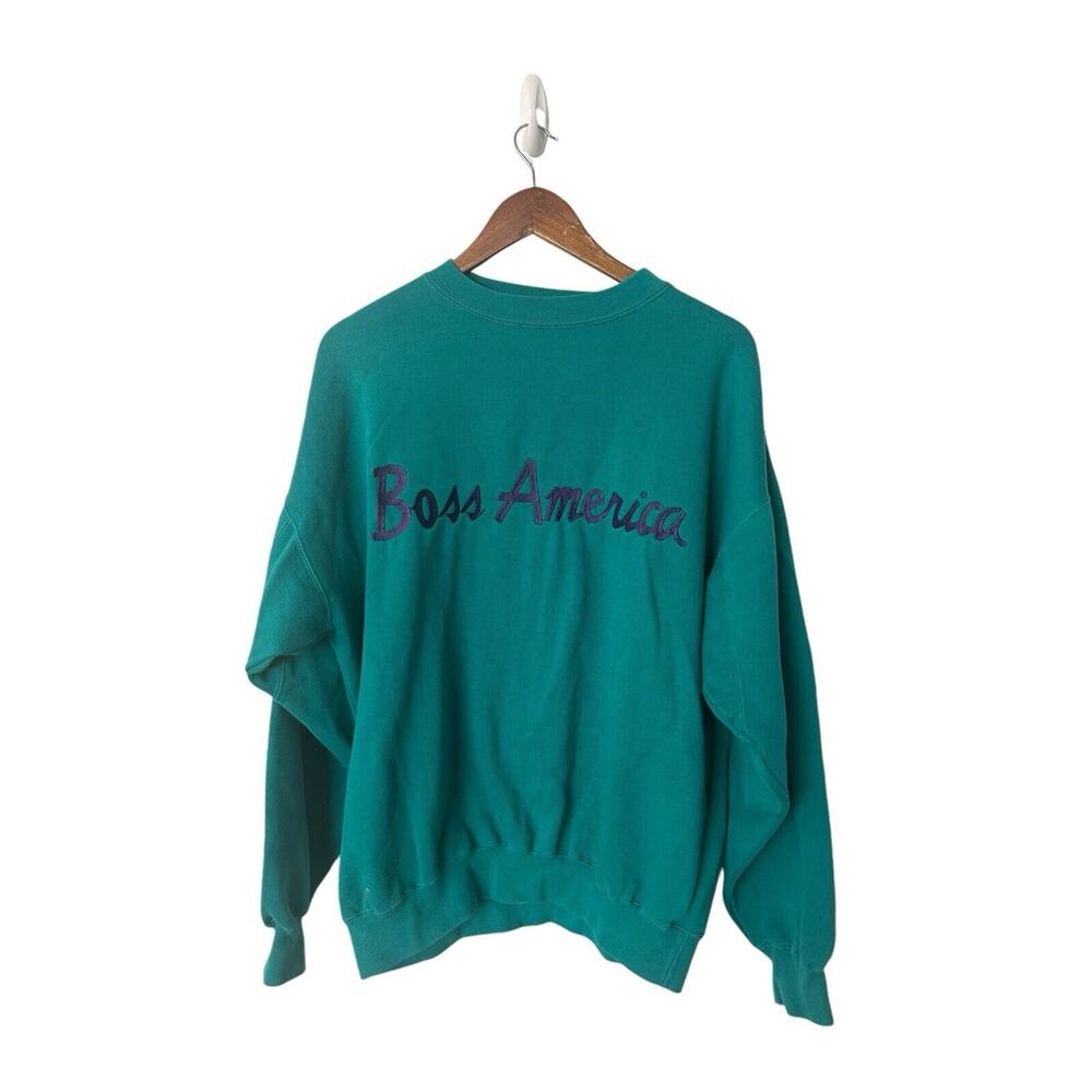 Vintage BOSS AMERICA by BROOKHURST Cursive Spellout‎ Sweatshirt - Adult large